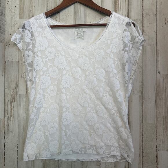 French Dressing Tops - FDJ French Dressing Lace Lined Blouse Medium White Fairy Cottagecore Coquette